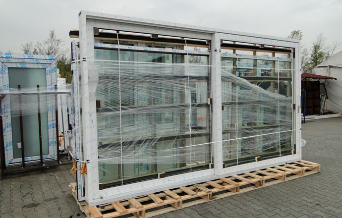 Pvc windows on a wooden pallet