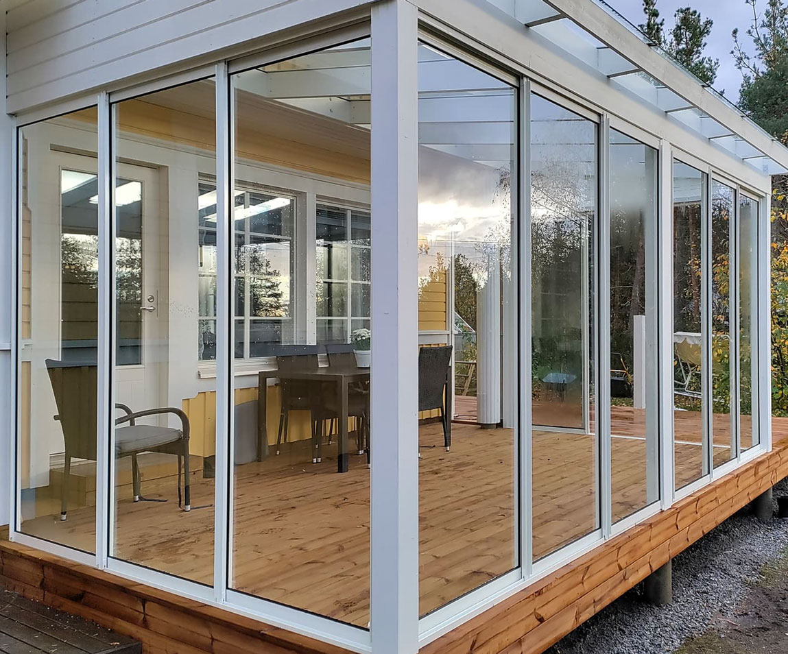 Outdoor terrace room with large glass windows